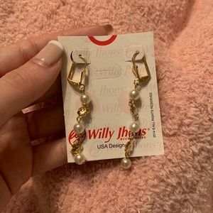 Dainty long pearl earrings with gold accent